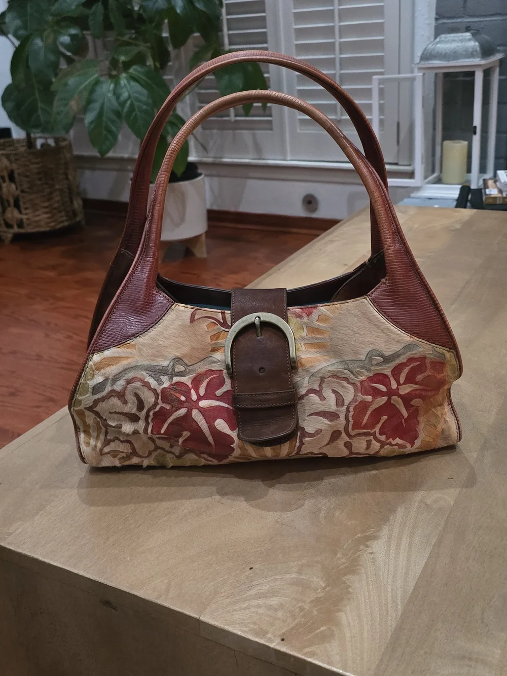 Vintage Floral Leather Tote Handbag - Brown & Red